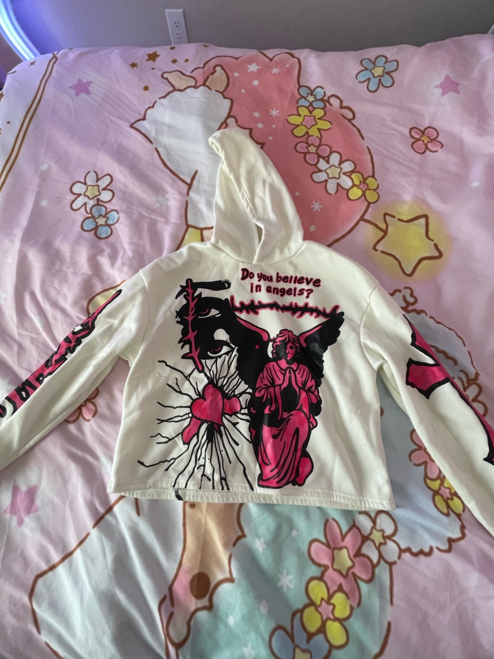 White Long-Sleeve Hoodie with Pink Angel Graphic